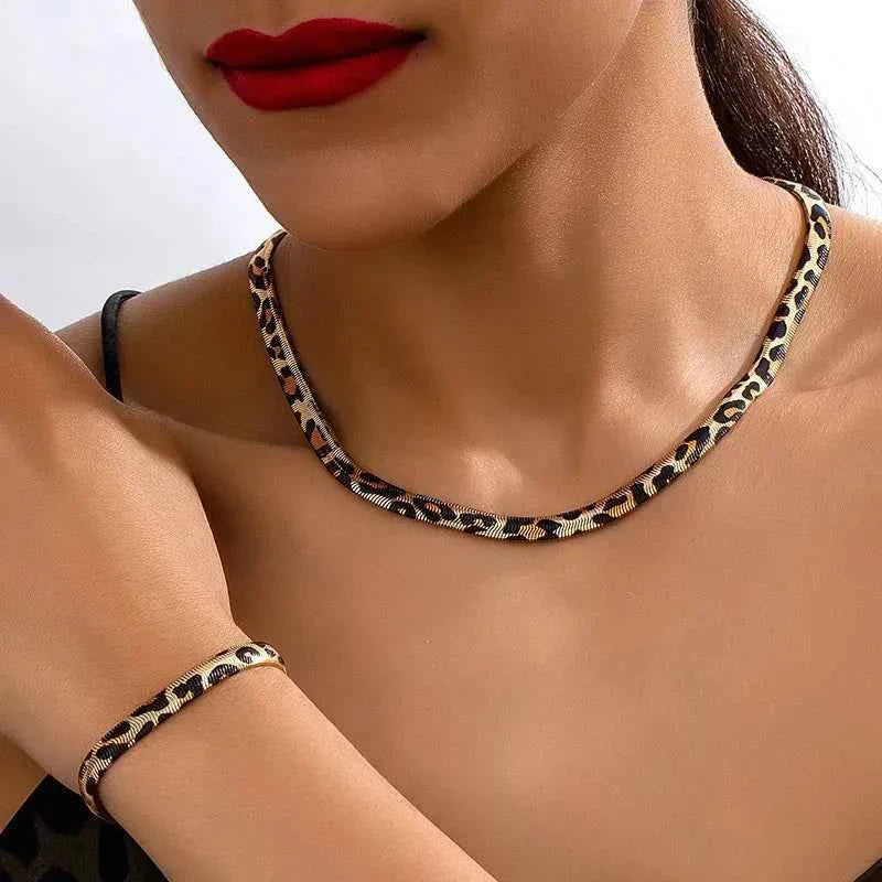 Leopard Print Snake Bracelet Necklace Set
