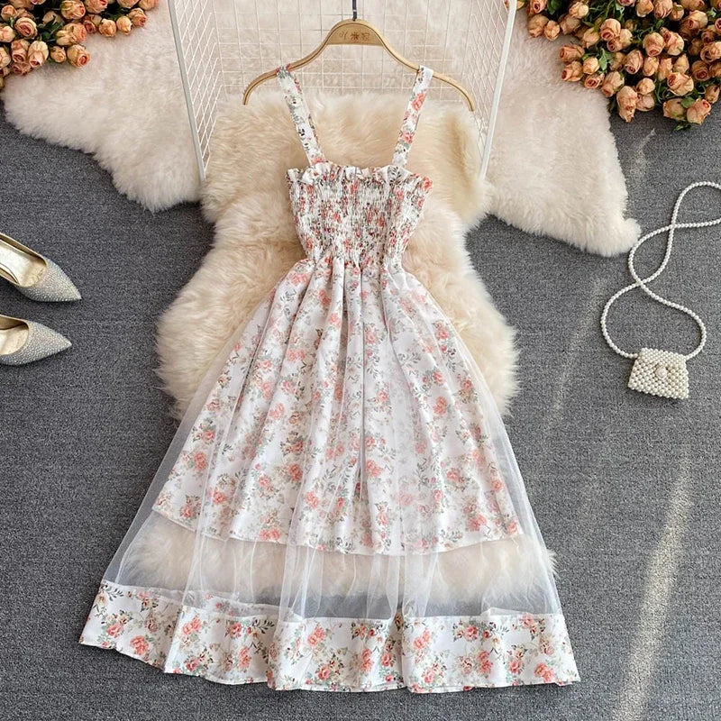 litmage Summer Women's Dress French Retro Square Neck Print Suspender Dress New Waist Lace Feamle Short Dresses HH293
