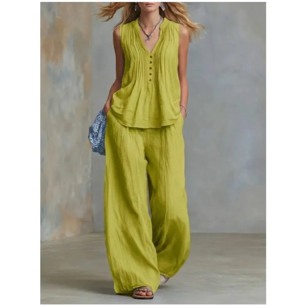 Fashion Pleated V-neck Sleeveless Women's Tops 2-piece Summer Casual Loose Wide-leg Trousers Female Elegant Office Trousers Set
