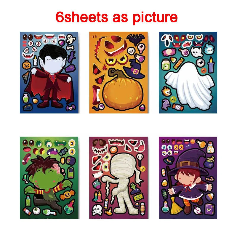 Halloween Party Favors Stickers for Kids 6-24sheets DIY Ghost Witch Mummy Make A Face Stickers Children Toddles Puzzle Jigsaw