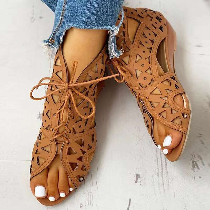 New Womens Gladiator Sandals Summer Retro Wedge Lace Up Mesh Shoe Casual Open Toe One Word Buckle Sandals Plus Size 36~42