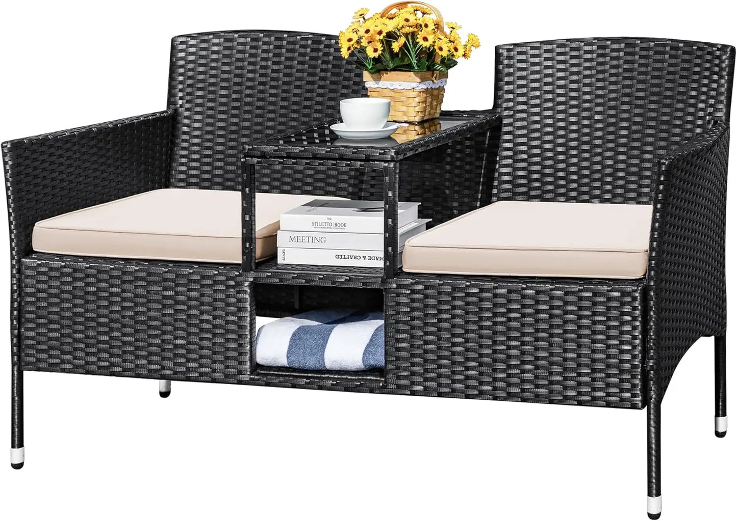 Outdoor Patio Loveseat Modern Rattan 2-Seat Patio Conversation Set with Cushions & Built-in Coffee Table