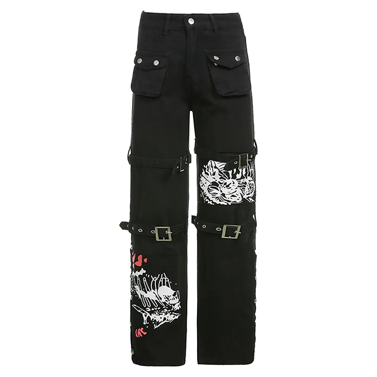 Women'S Trousers Low-Rise Gothic Jeans Street Washed Print Style Cool Loop Pants Retro Hip Hop Wide-Leg Pants Harajuku Fashion