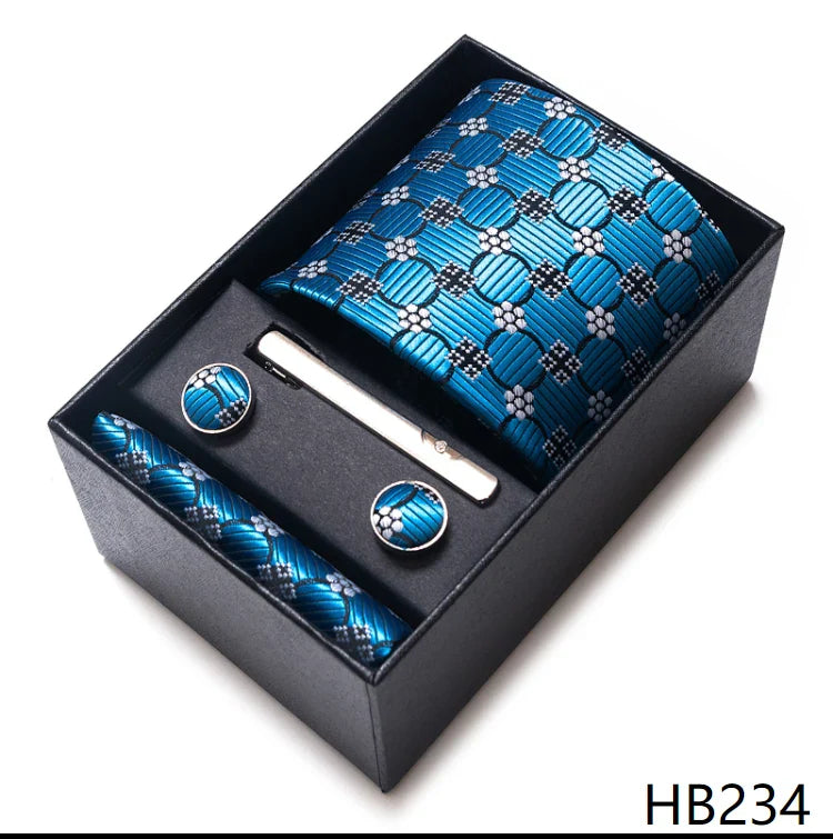 8 cm Wide Tie Sets Blue Solid Men's Neck Tie Handkerchief Cufflinks Clip Gift Silk Handmade