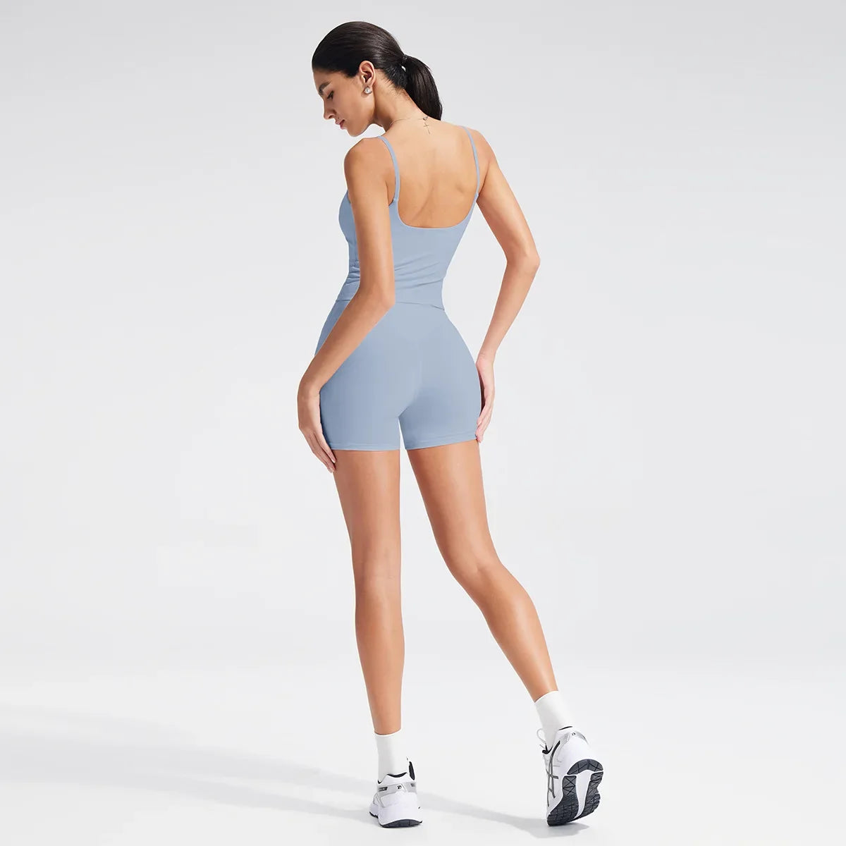 Women Square Neck Thin Strap Padded Sports Top High Waist Butt Lift Yoga Biker Shorts 2Pcs Soft Stretch Workout Matching Set