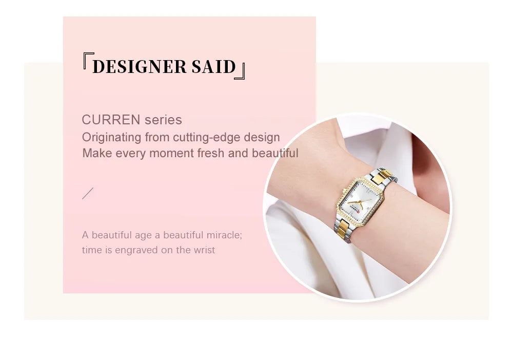 CURREN Luxurious Elegant Women's Watches Classic Rectangular Dial with Rhinestones Luminous Hands Waterproof