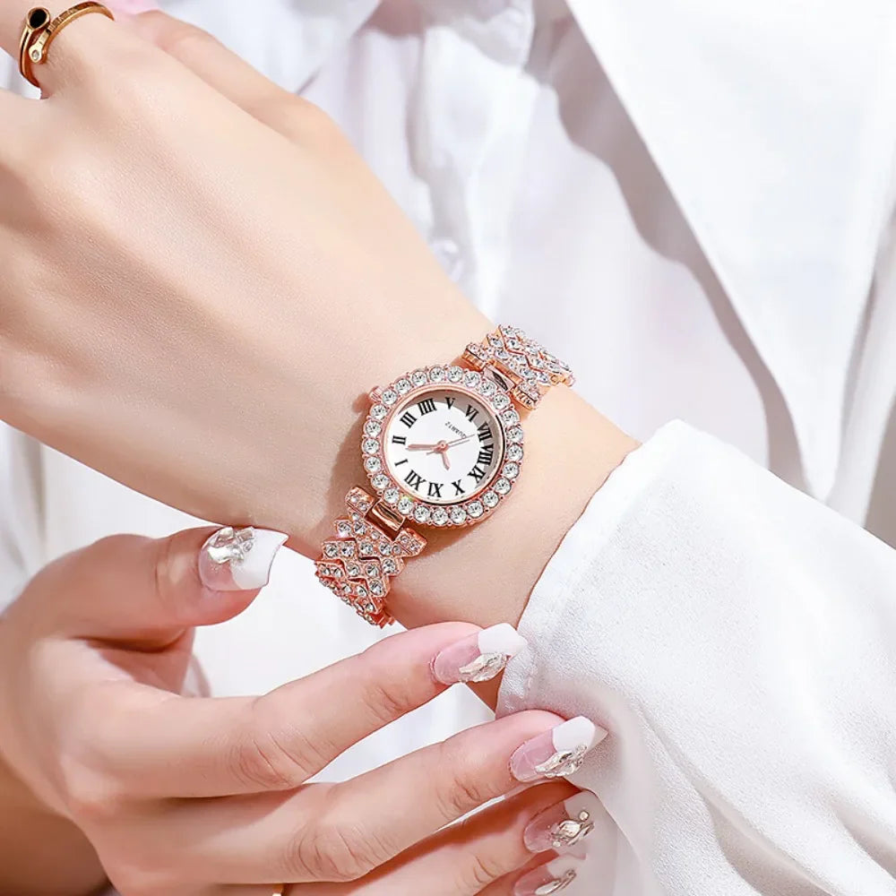 5pcs Elegant Rhinestone Women Watches, Fashion Roman Dial, Bracelet Band, Quartz Wristwatch Jewelry Set.