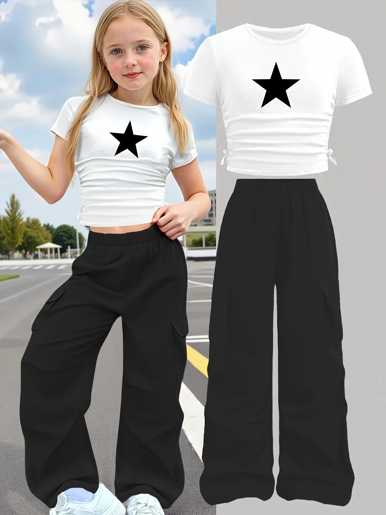 New Summer 2-Piece Set: Star-Print Slim-Fit Crew-Neck Short-Sleeve T-Shirt & Wide-Leg Pants (Stylish Casual Set for Girls)