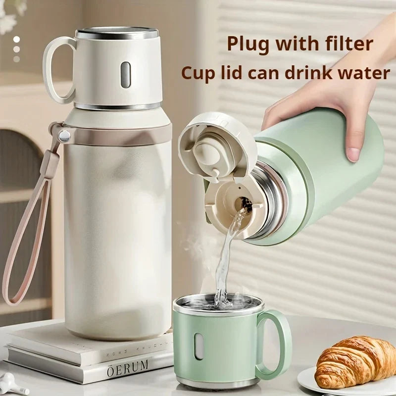 600ML Stainless Steel Insulated Bottle, with Cup Lid Rope Handle, Office, Home ,Portable Thermos Cup.