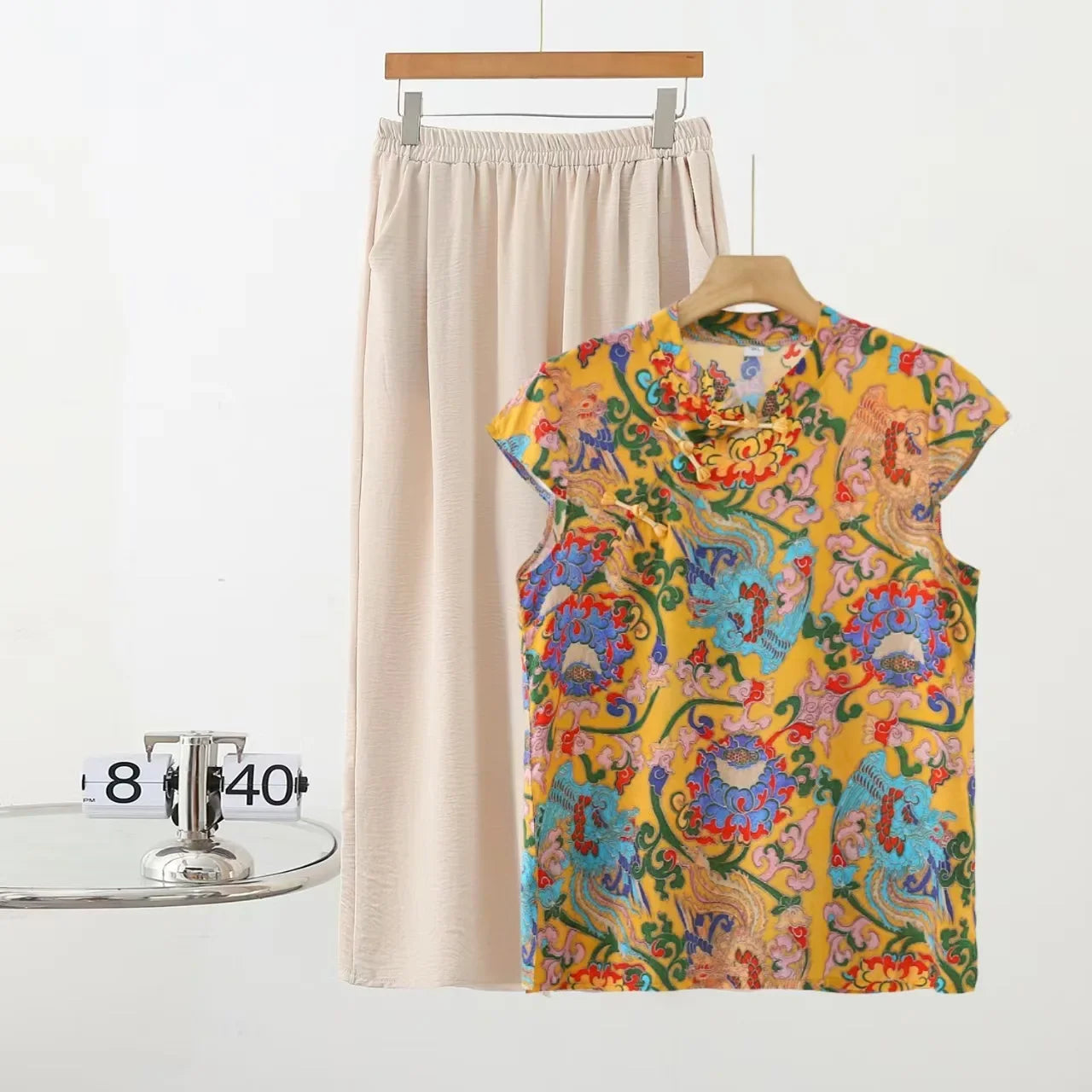 Summer Cotton-silk blend Cheongsam 2 Pcs Set Loose Short Sleeve Frog Closure Tops and Wide leg Pants New Chinese Style Plus size