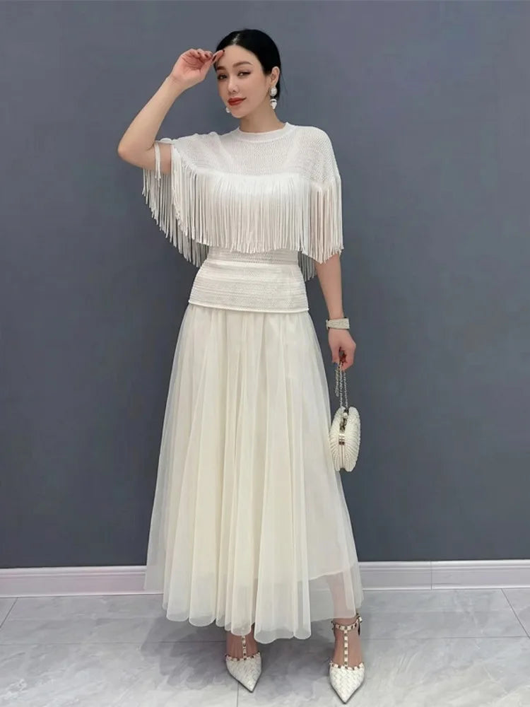 SHENGPALAE Fringe Short Sleeve Knit Top Tulle Maxi Skirt Two Piece Set Elegant Casual Summer Women Outfit 2026 New Summer