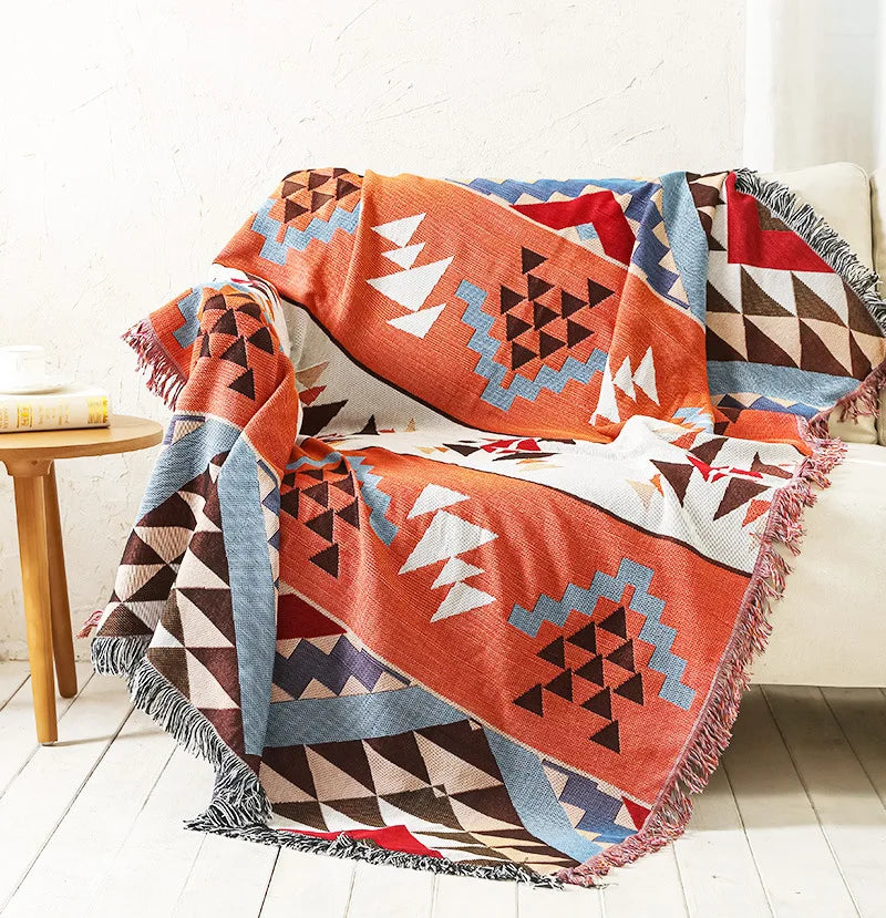 Retro Indian Style Thread Blanket Countryside Geometry Sofa Cobertor Hanging Tapestry Cotton Knitted Sofa Blanket for Bed Travel