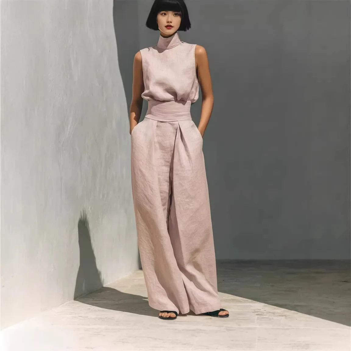 2026 Sleeveless Top+Wide Leg Pants Summer Casual Two-Piece Set Elegant And Loose Office Set High Street Pocket Women's Suits