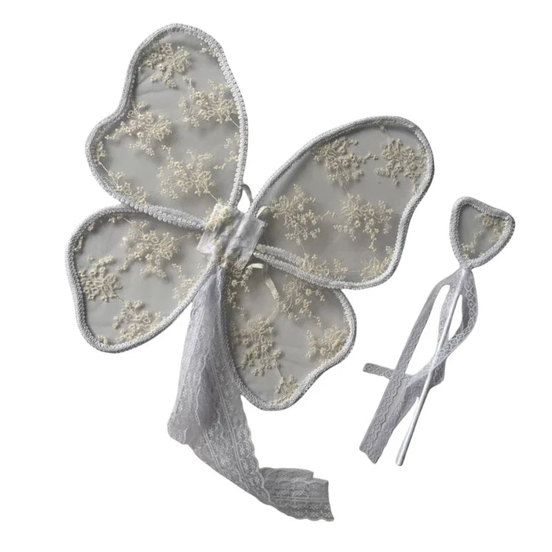 Kids Angelic Lace Wing Costume with Embroidery Detail Lovely Baby Butterfly Wing for Photoshoots and Birthday Parties