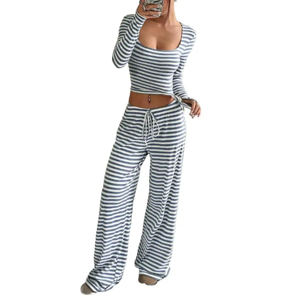 Women's Striped 2 Piece Outfits Long Sleeve Square Neck Cropped Top Drawstring Wide Leg Pants Set Casual Lounge Lady Sweatsuits