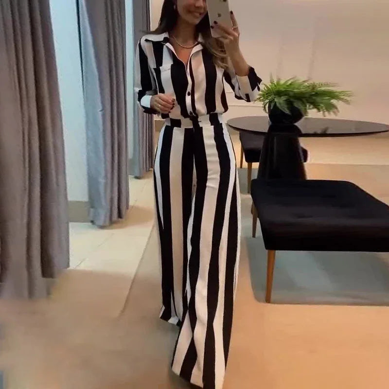 Women Two Pieces Set Striped Long Sleeve Turn Down Collar Shirts Button Wide Leg Pants Suits Regular Elegant Office Lady 2025