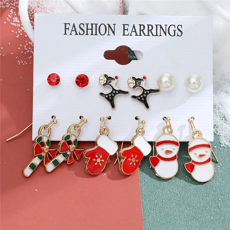 6 pairs Christmas Stud Earrings Xmas Tree Brown Elk Snowman Santa Claus Cute Christmas Earrings Christmas Gifts For Women Girls