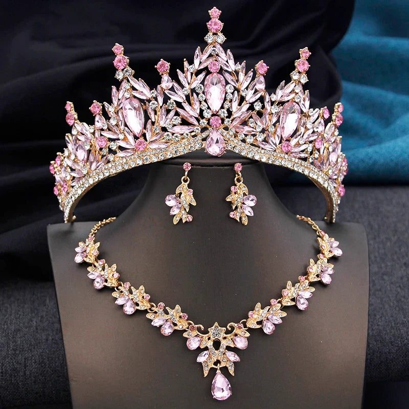 Royal Queen 3 Pcs Tiaras and necklace earrings for Bridal Jewelry Sets Women Brides Wedding Crown Prom Birthday Accessories