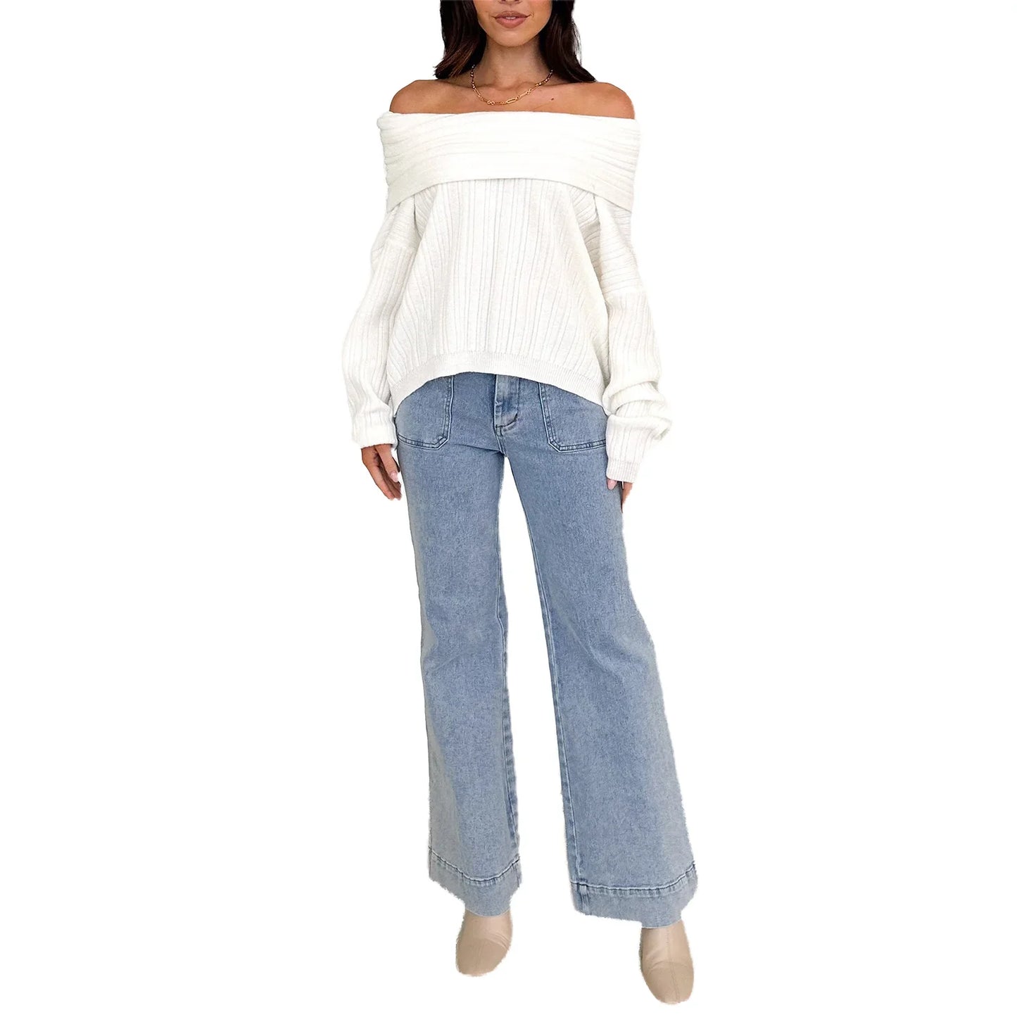 Women s Off Shoulder Sweaters Long Sleeve Solid Color Pullovers Ribbed Knit Tops
