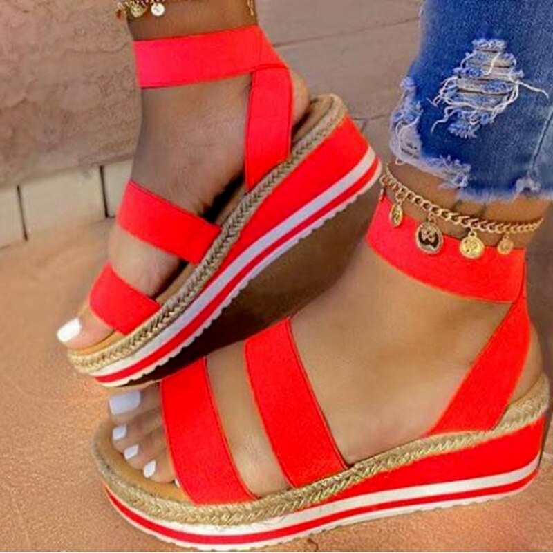 Roman Sandals Ladies 2022 Summer New Wedge Heels with Cross Ties Non-slip Shoes Fashion Candy Color Open Toe One Pedal Sandalias