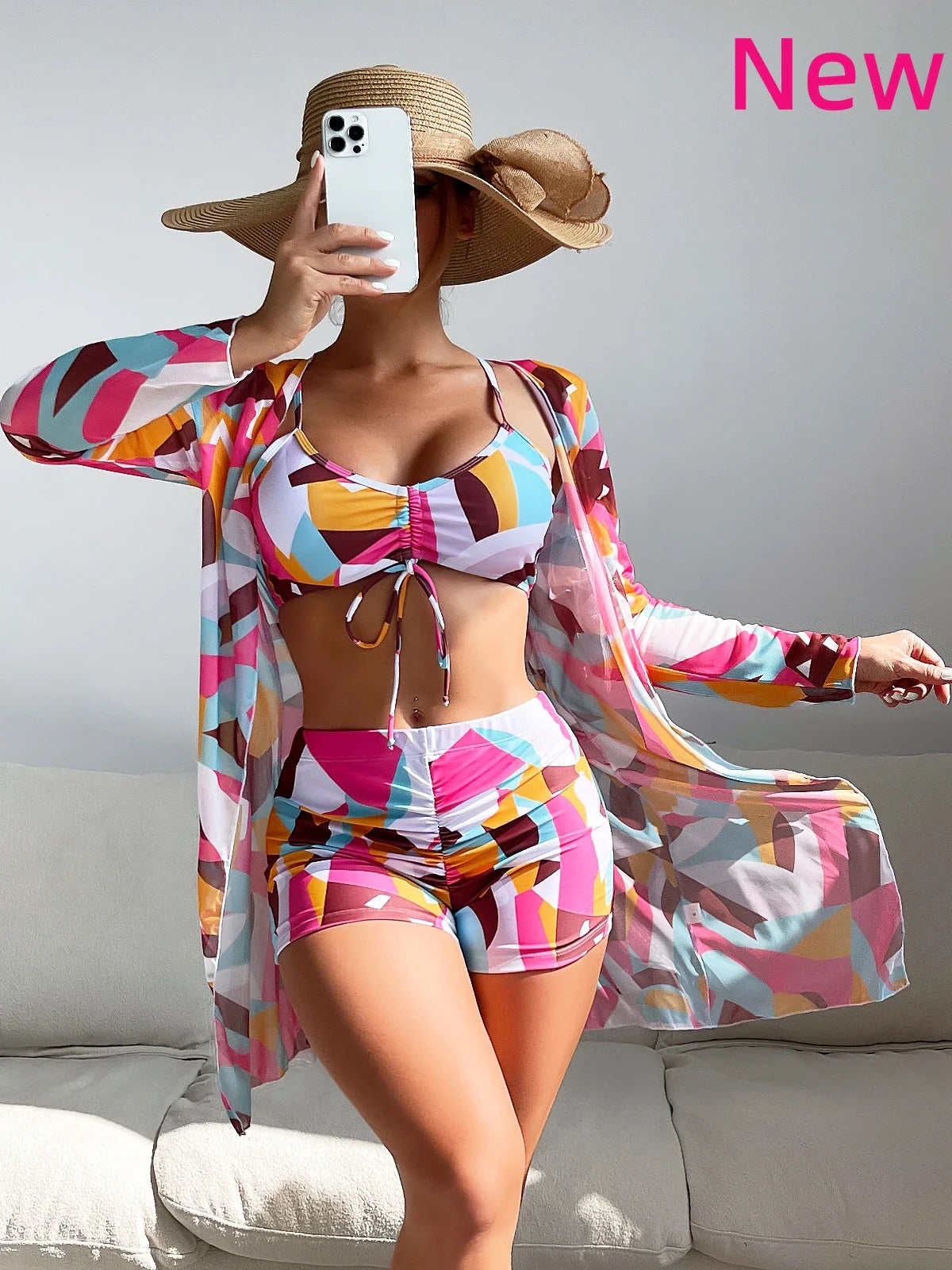Three Pieces Bikini Set Cover Up Women New Push Up Twist Swimsuit Print Long Sleeve Swimwear Biquini Bathing Suit Summer