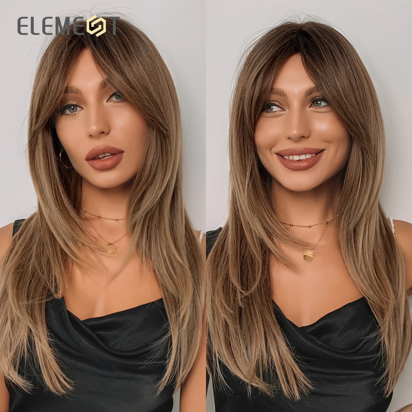 Element Medium Length Synthetic Straight Natural Brown Wigs with Side Bangs Heat Resistant Party Wigs for White/Black Women