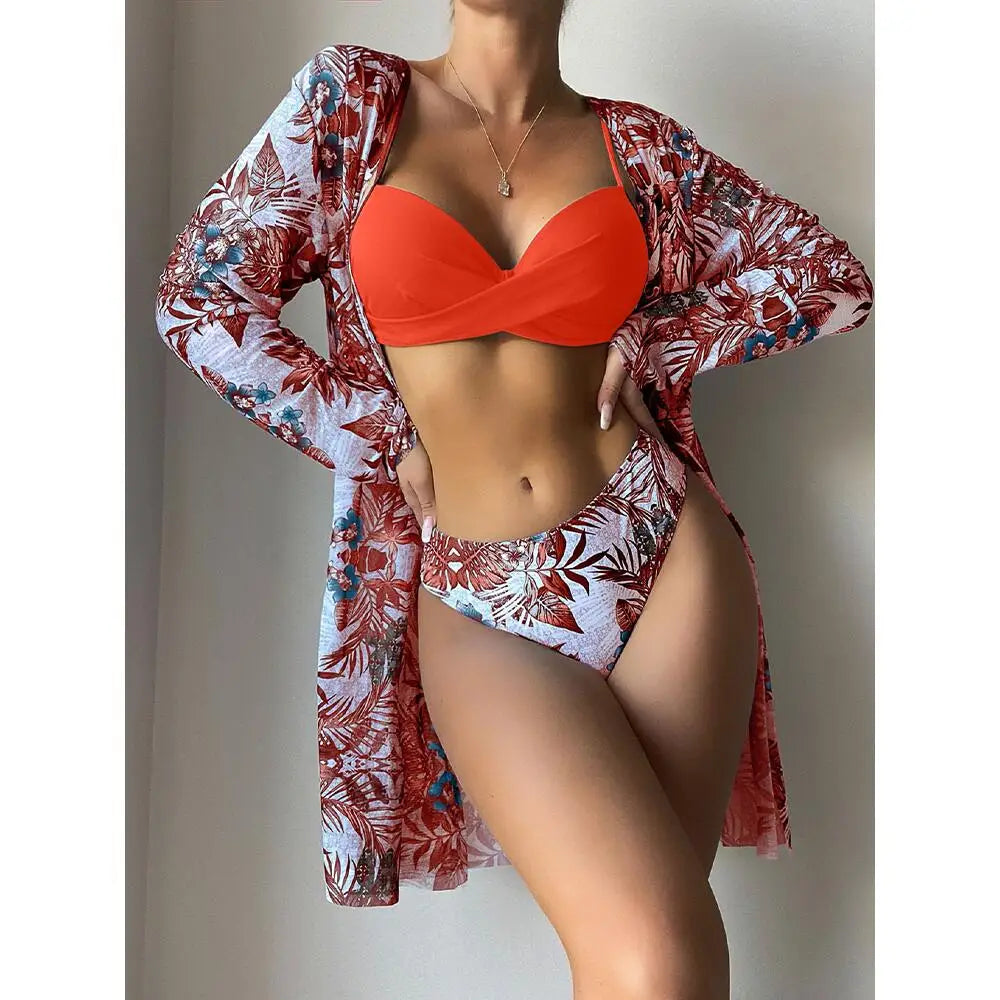 Three Pieces Bikini Set Cover Up Women New Push Up Twist Swimsuit Print Long Sleeve Swimwear Biquini Bathing Suit Summer