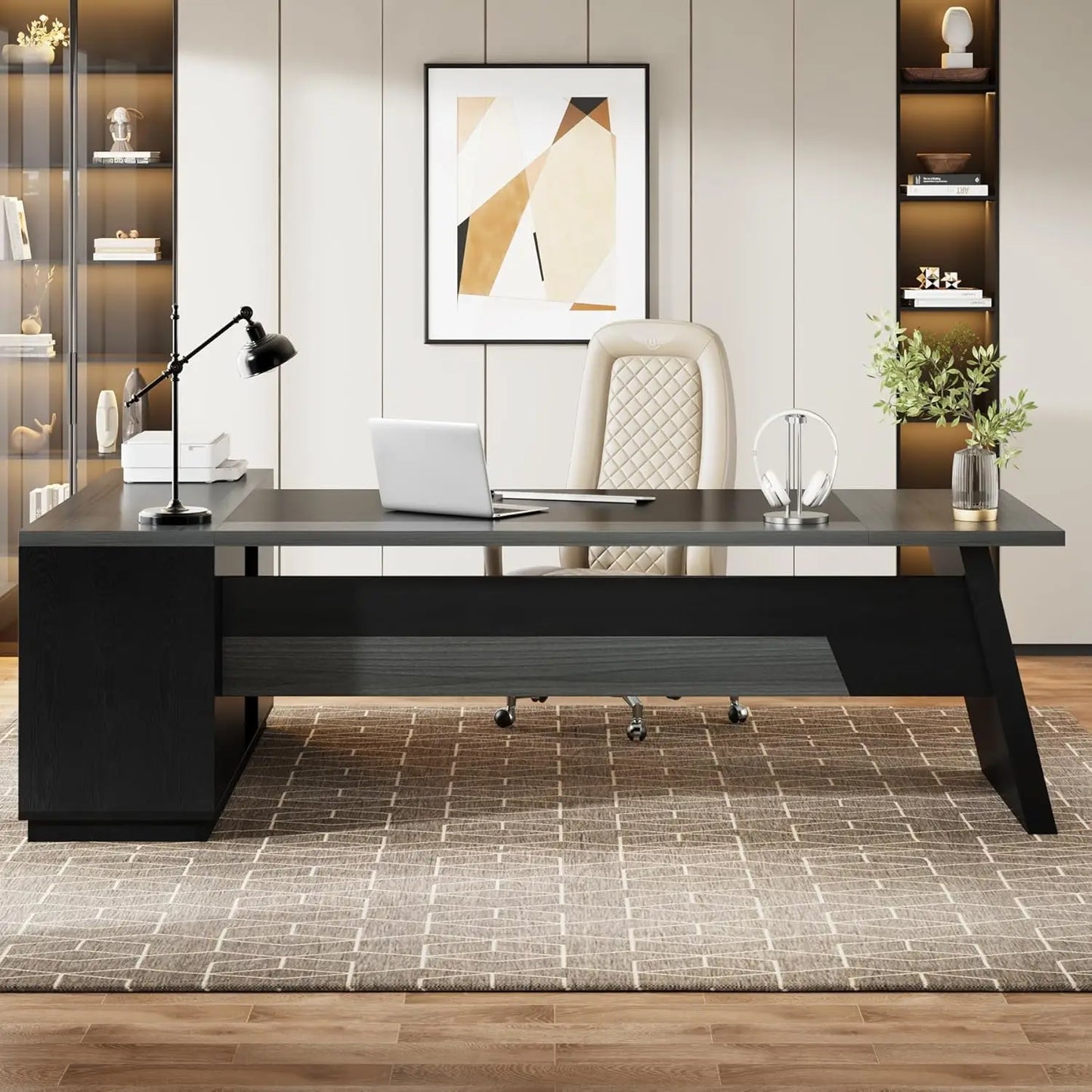 L-Shaped Executive Desk with  Drawers and Lateral File Cabinet,