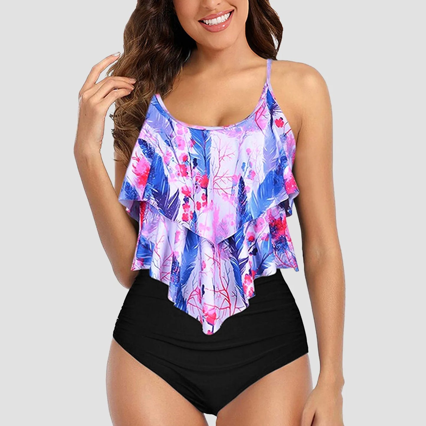Chic Elegant Bikini Summer Multi-Layer Ruffled Edge Folds Crew Neck Sling Swimwear High Waist Thong Separate Two-Piece Swimsuit
