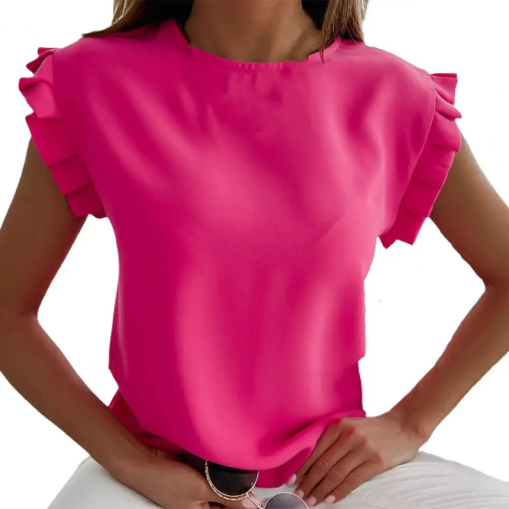 O-Neck Elegant Simple Lady Shirt Ruffle Short Sleeve Solid Color Summer Blouse Women's Tops Blusa Mujer Female Blusas