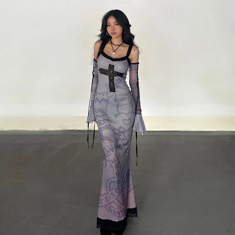 Elegant Vintage Gothic Dress Women grunge Cross Print Lace Patchwork Spaghetti Strap Midi Dress Female
