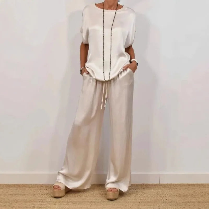 Women's Satin Pants 2 Piece Set Summer Breathe Loose Short Sleeve Top Wide Leg Pants Casual Outfit Office Lady Elagant Set