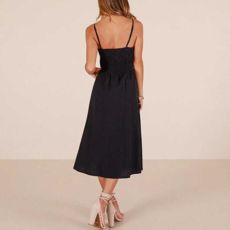 Solid color summer camisole women's beach dress, fashionable and casual patchwork camisole button back tie dress for women