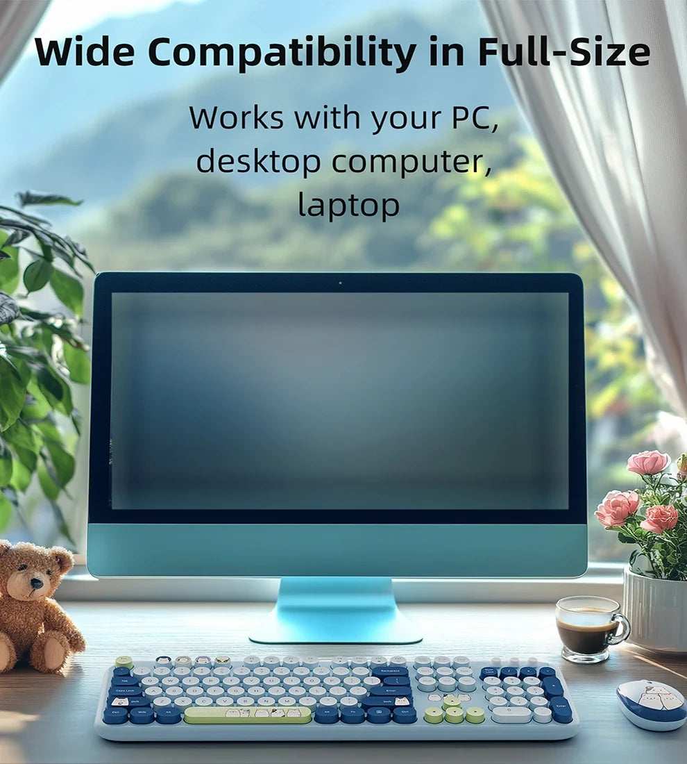 Full Size Wireless Keyboard Mouse Combo 104 Keys Retro Cute Cat Design Plug and Play Keyboard Mouse Set for Windows 7/8/10/XP