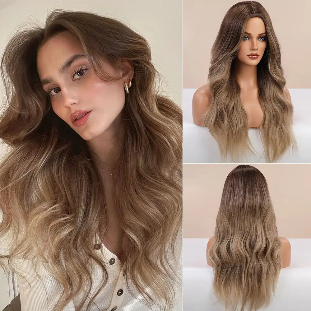 Element Medium Length Synthetic Straight Natural Brown Wigs with Side Bangs Heat Resistant Party Wigs for White/Black Women