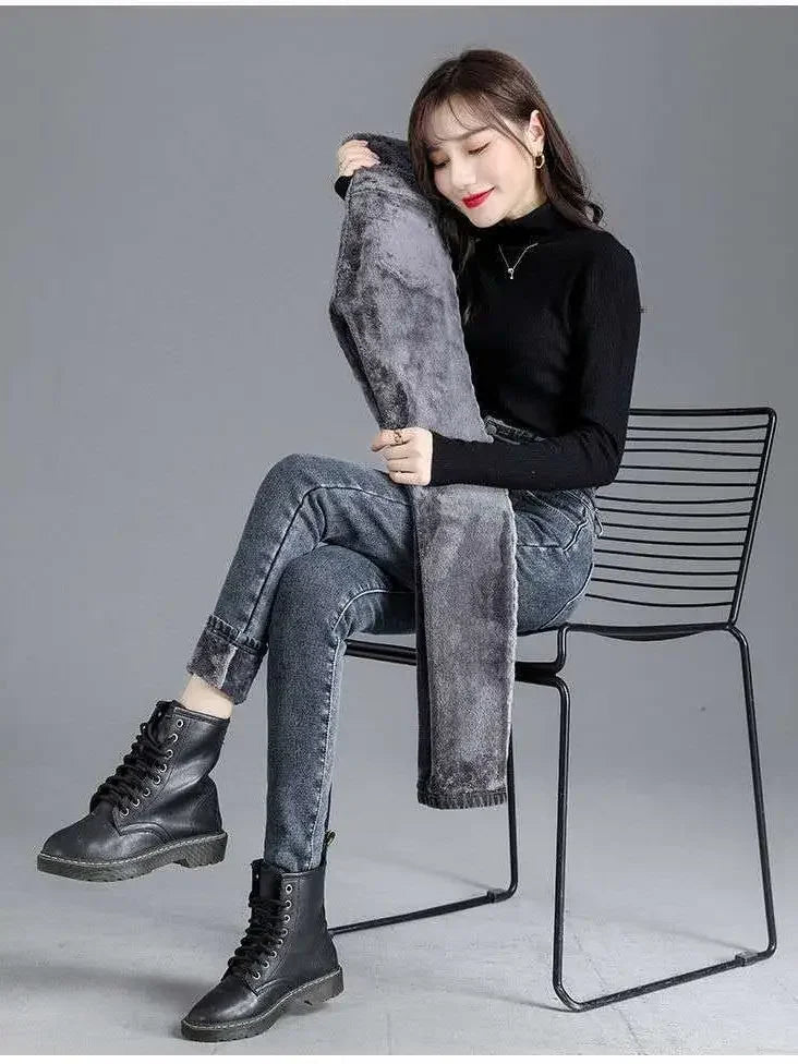 New Winter Thick Velvet Women High Waist Skinny Jeans Simple Fleece Warm Slim Fit Stretch Ladies Casual Denim Mom Pencil Pants