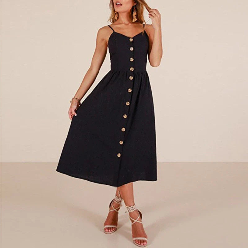 Solid color summer camisole women's beach dress, fashionable and casual patchwork camisole button back tie dress for women