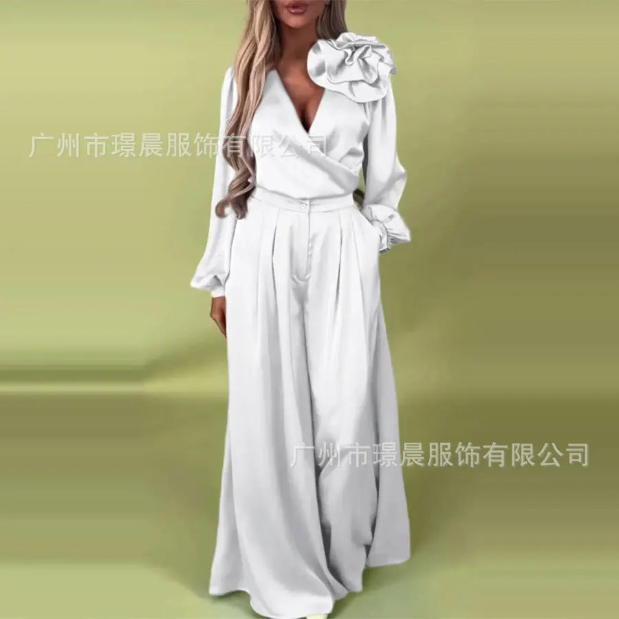 Fashion 2 Piece Set Women Outfit 2025 Apring Summer Casual Long Sleeve V-neck Blouse And Wide Leg Pant Sets Female