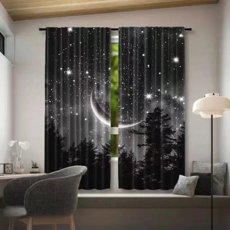 2pcs Starry Moon Forest Polyester Curtains - Set of Two Window Treatments.