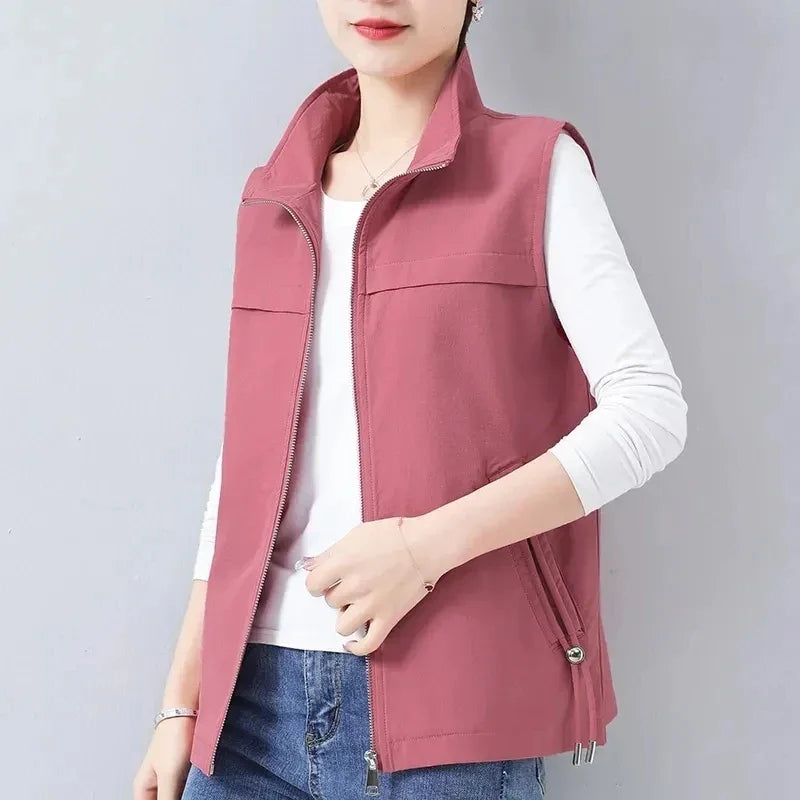 Casual Khaki Short Women's Vest Oversize Liner Sleeveless Jackets 2023 Spring Summer New Zipper Basic Waistcoat Female Outerwear