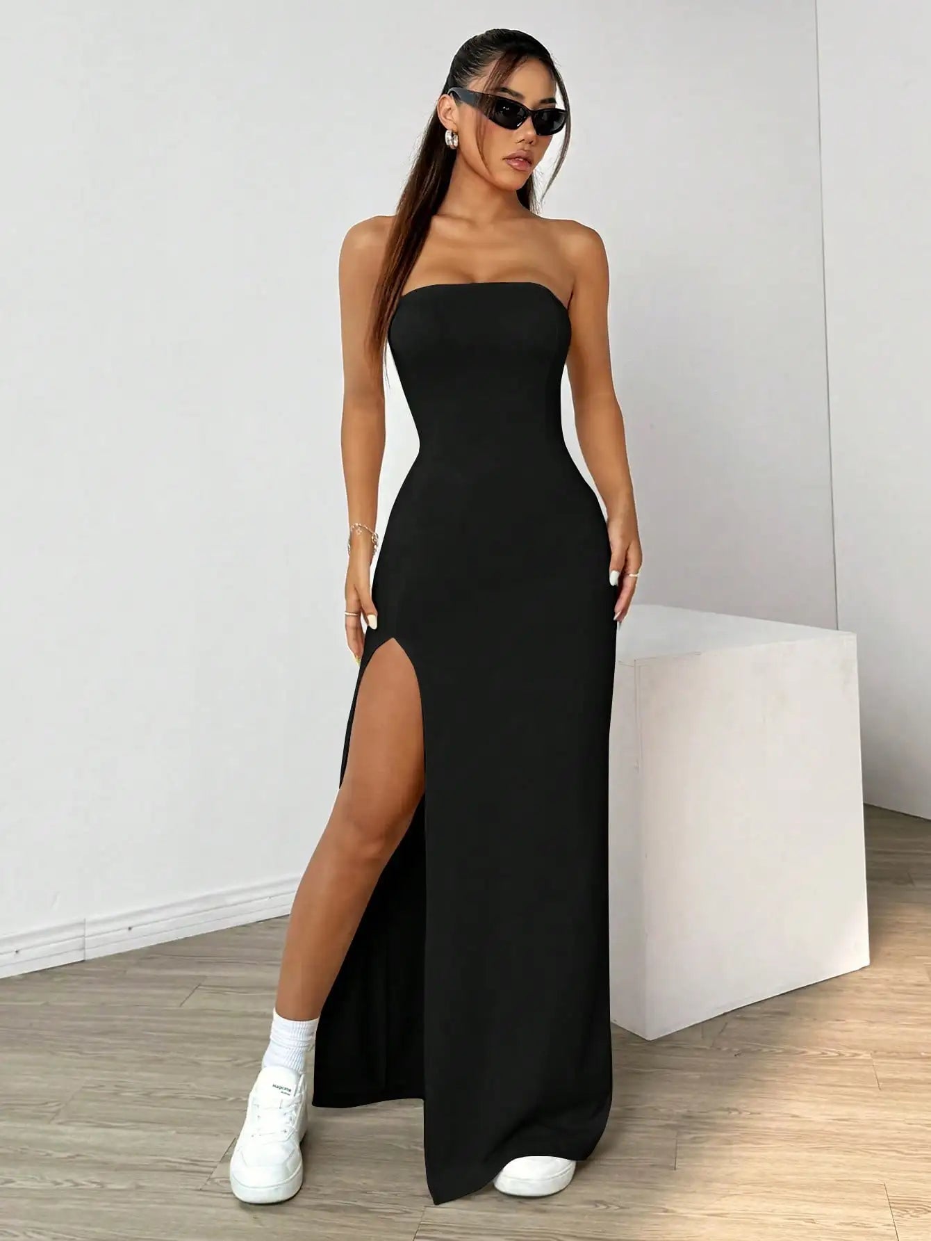 Elegant ladies strapless camisole, simple basic solid color long dress, casual, semi-formal occasions,