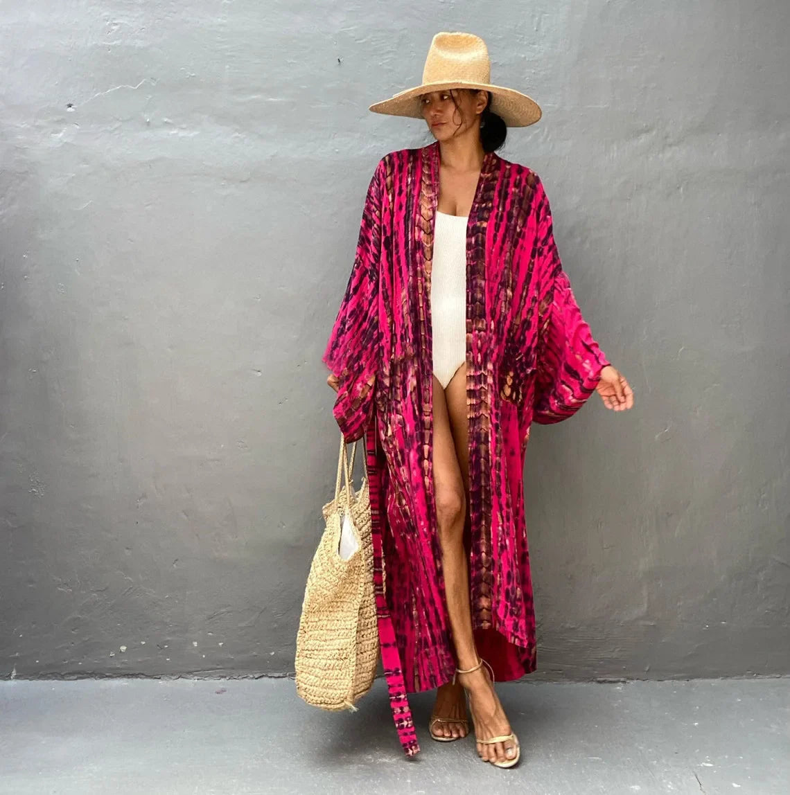 2023 Women's Boho Stripe Tie Dye Swimsuit Cover Up with Belt Tunic Sarong Cardigan Dress Bikini Cover-ups Beach Wear Kimono