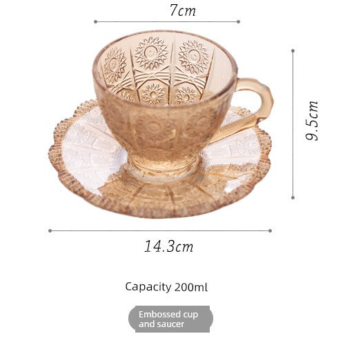 Retro Embossed Carved Tea Set Palace Style Glass and Glass Saucer