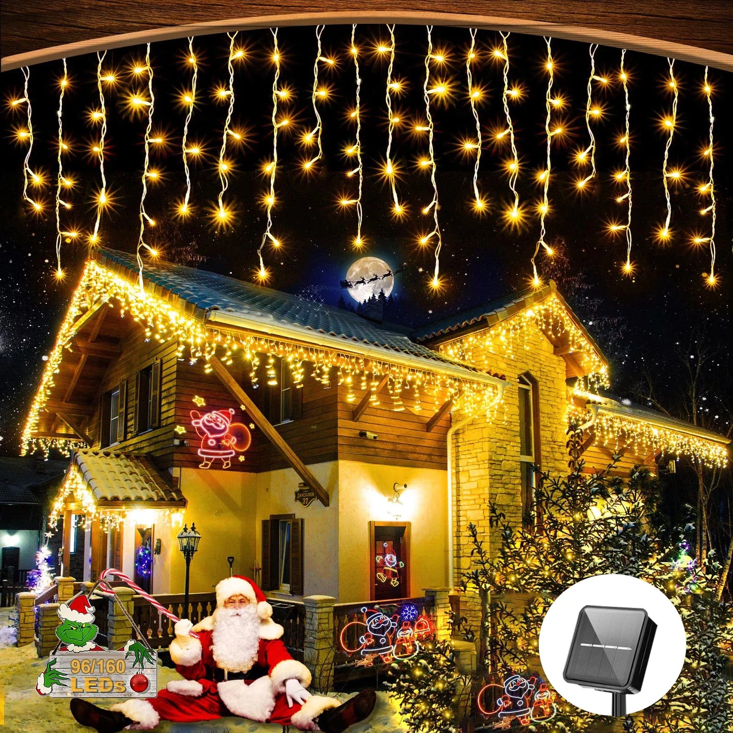 Solar Curtain Icicle Lights Christmas Lights Outdoor Waterproof Eaves Decor String Lights for Yard Party Holiday Decorations