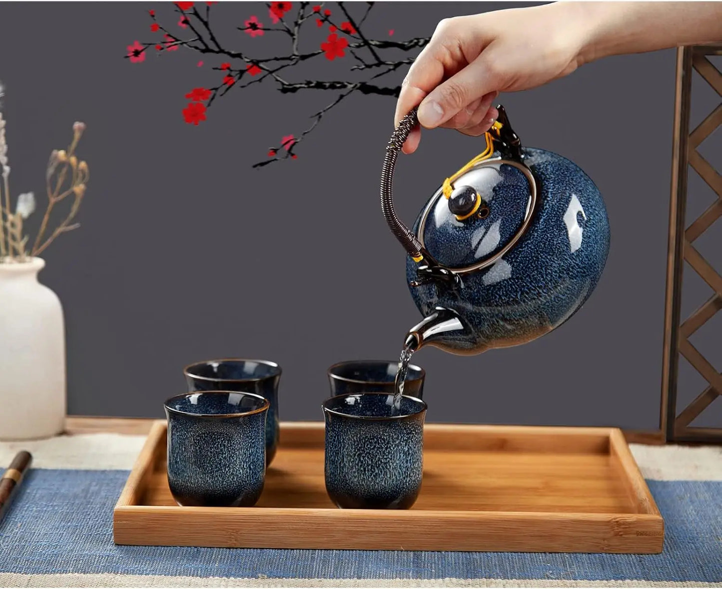 Japanese Tea Set for 6, Kiln Altered Glaze Porcelain Tea Set with 1 Teapot, 6 Tea Cups & 1 Tea Tray, Unique Chinese Tea Set