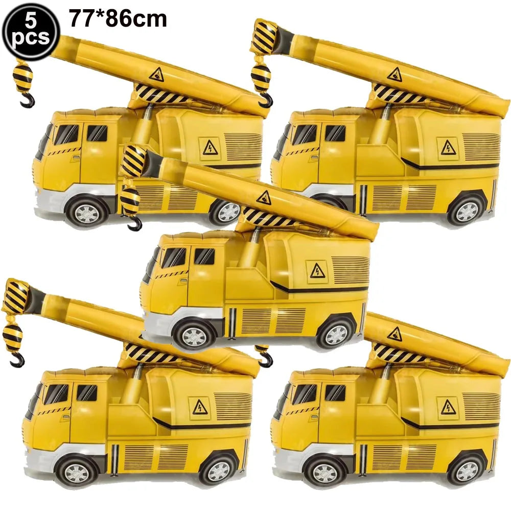 5pcs Construction Themed Balloon Carton Vehicle Balloon Excavator Forklift Crane Balloons for Boy's Construction Birthday Party
