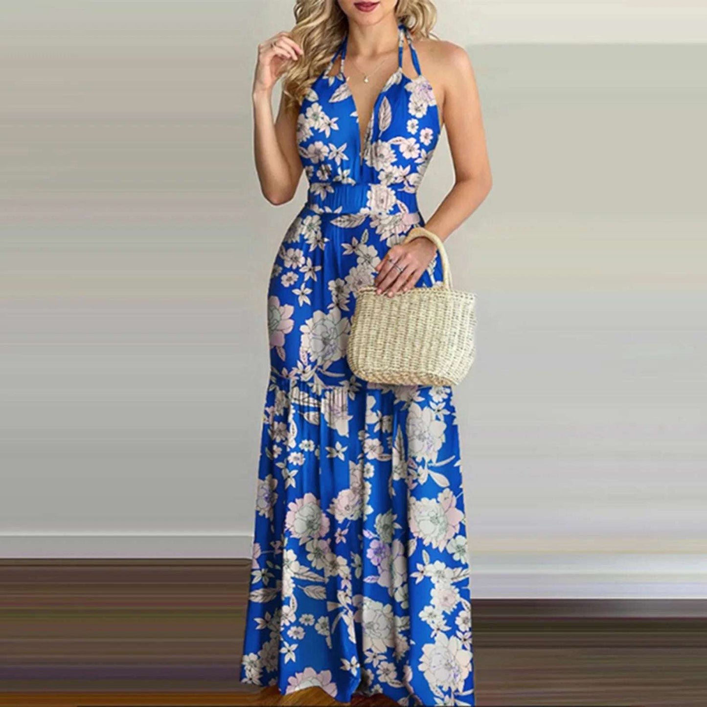 Women Tropical Print Halter Backless Maxi Dress Sexy Sleeveless Deeep V Beach Dress Chic Elegant Ruffles Pleated Dress Vestidos