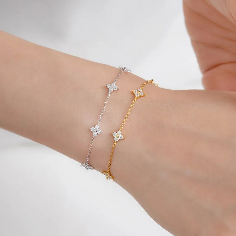925 Silver Plated Cubic Zirconia Four Leaf Clover Bracelet for Women