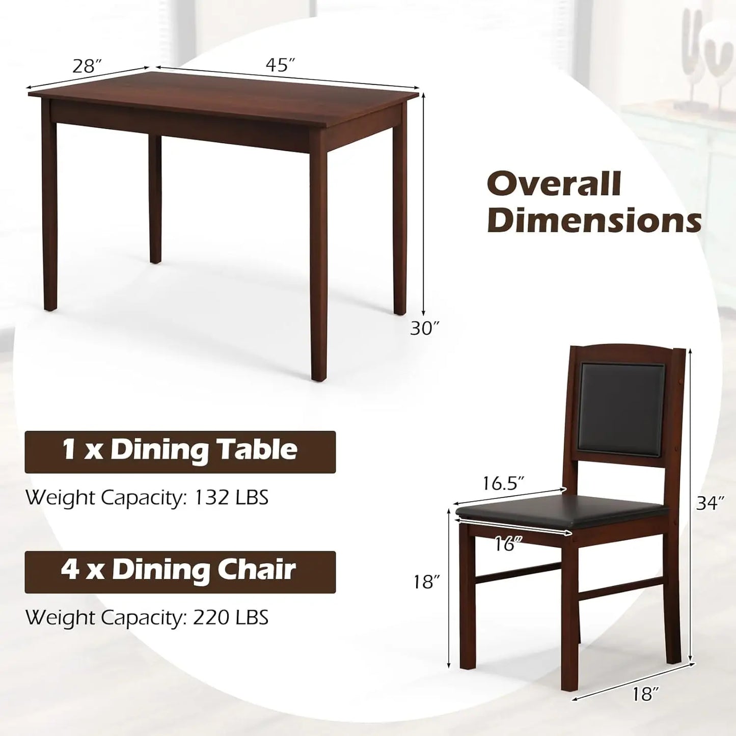 Dining Table Set for 4, Farmhouse Solid Wood Dinette Set w/Rubber Wood Legs, Upholstered Seat & Padded Backrest.