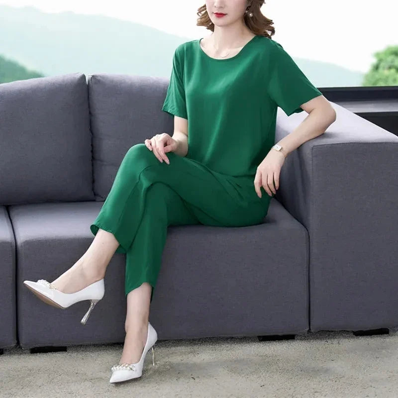 Cotton Silk Suit Summer Women's Sets New Casual Solid Color Short Sleeve Ankle-Length Pants 2 Piece Set Middle Age Mother Outfit